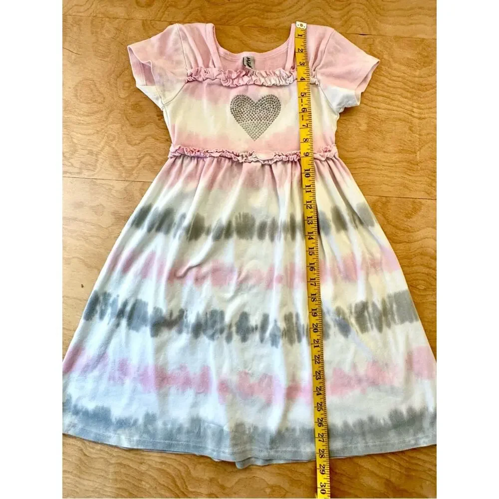Vintage Girls Tie Dye Dress Rhinestone Heart Ruffle Empire Waist Size 8 Boho